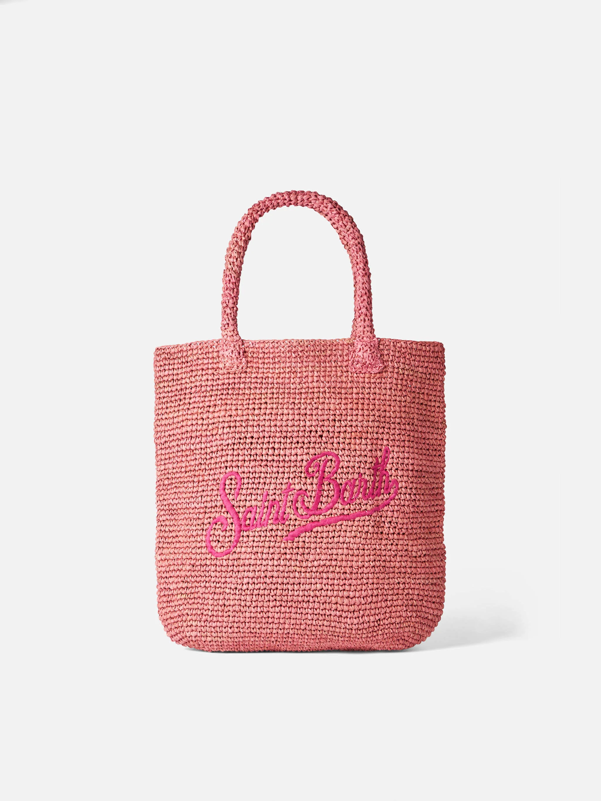 Roze raffia bucket bag met borduurwerk
