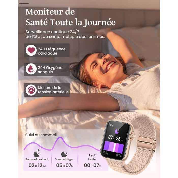 AIMIUVEI Montre Connectée Femme 1,83'' avec Appel Bluetooth/4 Bracelet/110+Modes Sportifs/Sommeil/Podometre/Fréquence/SpO2/IP68
