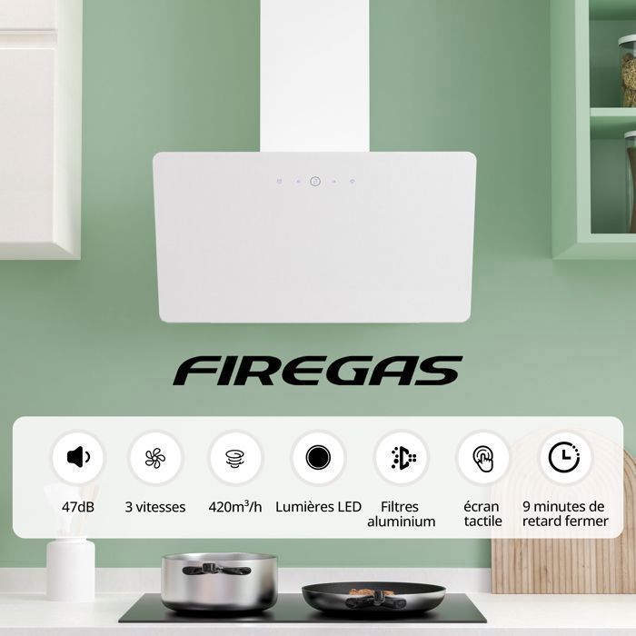 FIREGAS 60cm afzuigkap - Recirculatie en afzuiging - 420 m³/u - 3 snelheden - CC130 koolstoffilter - Wit - Touchscreen - A++
