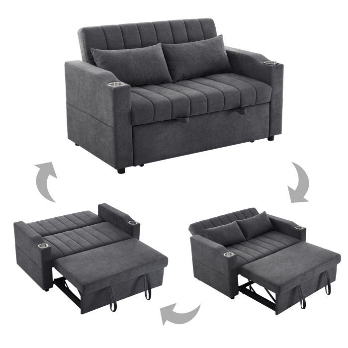 2-Sitzer-Schlafsofa in grauem Leinen, verstellbare Rückenlehne 108°–180°, Getränkehalter und 2 Kissen