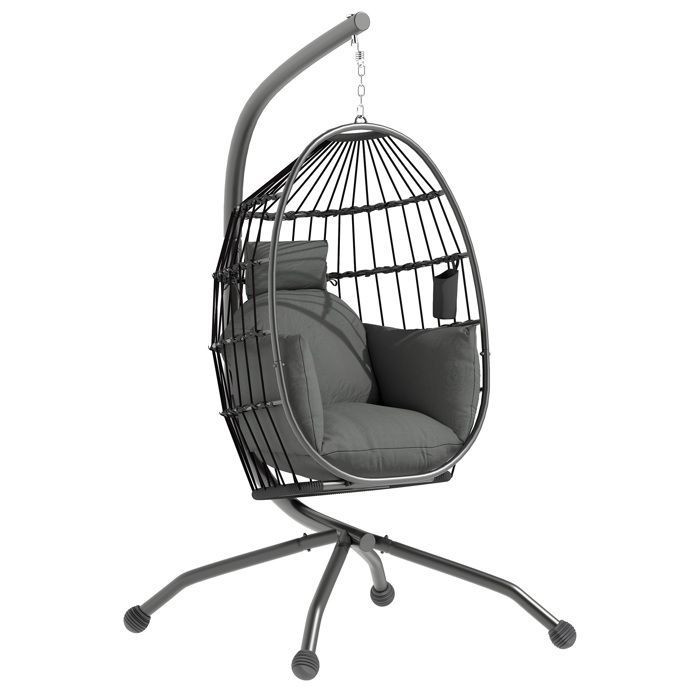 Silla colgante tipo huevo - Outsunny - interior y exterior - cesta plegable - cojín acolchado - estructura de acero - gris oscuro