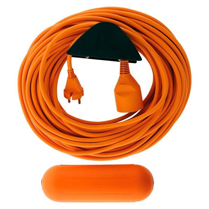 Cable alargador para jardín 2x1,5 mm² 25 m + 1 caja impermeable + soporte de pared - Naranja - Zenitech