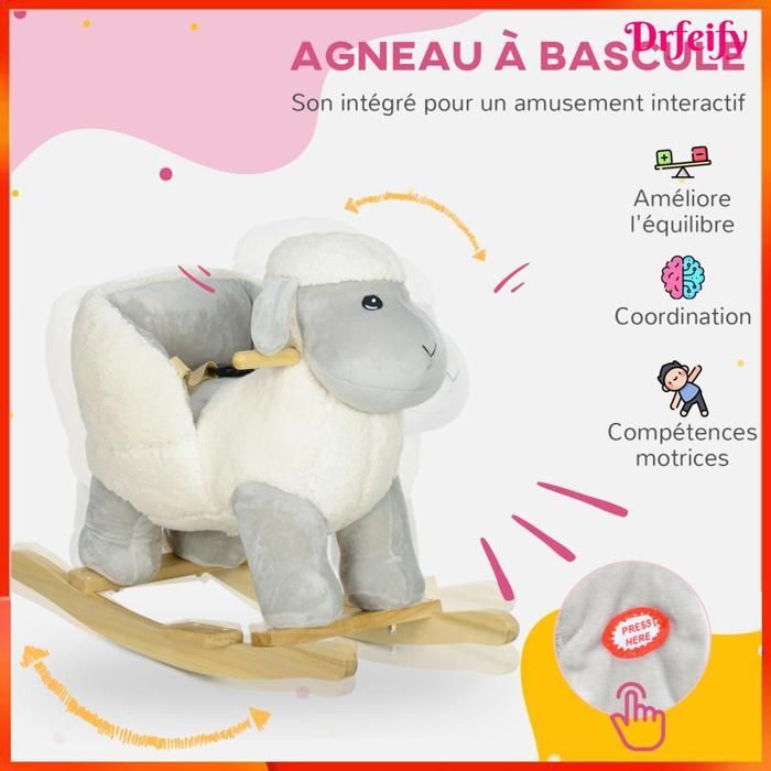10057 Caballito balancín infantil, juguete de peluche con forma de cordero, con efectos de sonido, 68 x 35 x 55 cm, gris