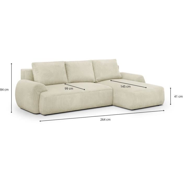 Canapé d'angle droit convertible 4/5 places MILO - Velours côtelés beige - Coffre de rangement - L 264 x H 84 x P 99/145 cm