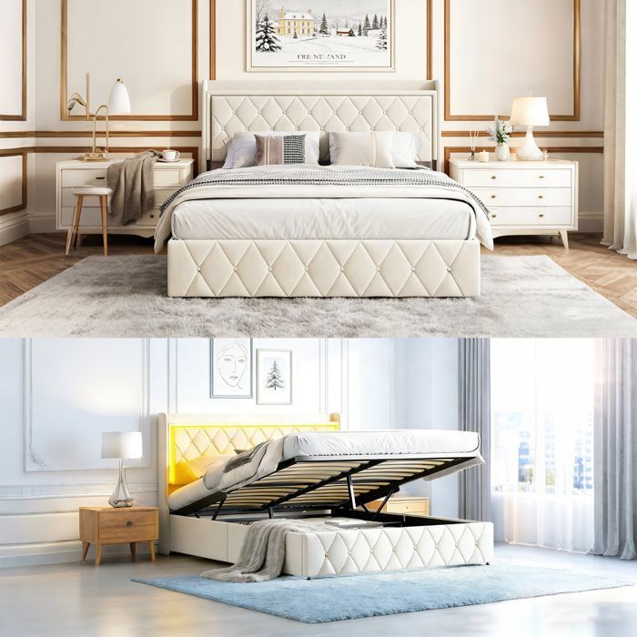 Letto 140x190 cm - NMONET - LED - tessuto velluto - struttura letto matrimoniale 140x190 cm - beige