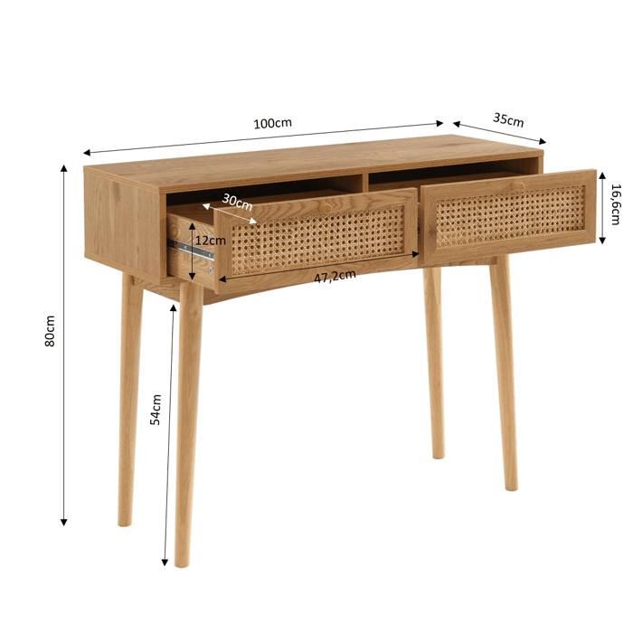 Console INES effet chêne et cannage rotin 2 tiroirs - Bois