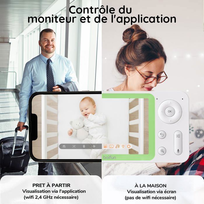 Babyphone 2 Cameras 1080P, 4,3” Camera Bebe, APP Contrôle, Détection de Mouvement et de Son, Zoom 4X, Vision Nocturne, Alarme