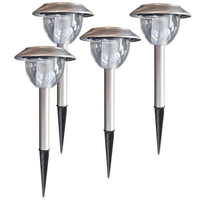 Juego de 4 bolardos solares LED cromados que cambian de color, con montaje sobre estaca, 325 mm de altura - Tibelec