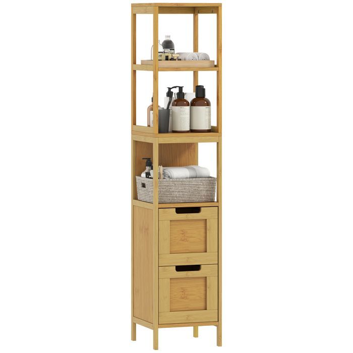 Meuble colonne - kleankin - rangement salle de bain style cosy 3 étagères 2 tiroirs - bambou - 30x30x144cm - naturel