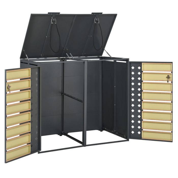 Cache-Poubelle Double 132×80×118.5cm - Couvercle Hydraulique - Design Losange & Verrouillable - Acier Galvanisé Aspect Bois