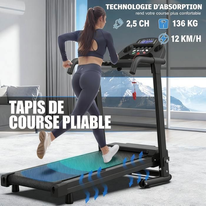 Tapis de Course,Tapis Roulant Pliable 12 km/h, 2 en 1, Walking Pad Compact pour la Maison et Le Bureau -120KG