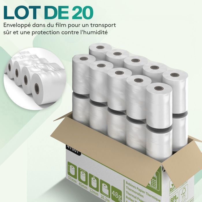 ACROPAQ 20 rollos térmicos para terminales de pago 57x45x8mm - 26,2m - 20 rollos EFT - Sin BPA - Tamaño universal