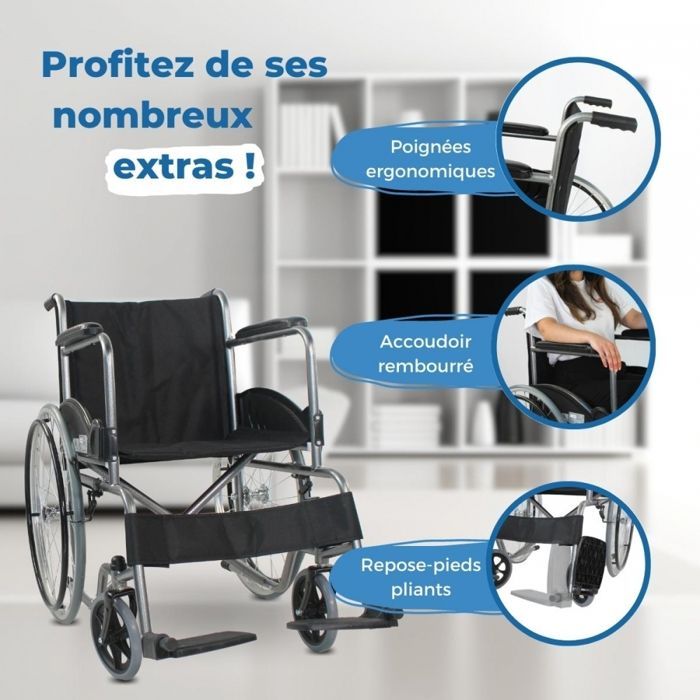 Silla de ruedas plegable Mobiclinic Alcazaba, altura del asiento de 46 cm, accionamiento manual, duradera, freno manual, reposabrazos cromados.