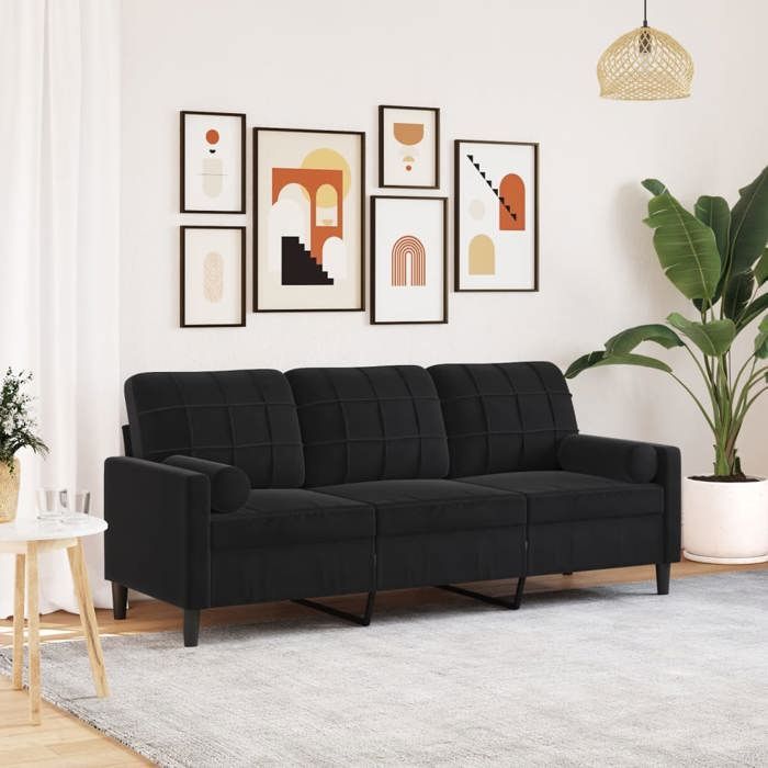 vidaXL Canapé 3 places avec oreillers décoratifs noir 180 cm velours, canapé, canapé de salon, canapé 3 places en velours, 3278234