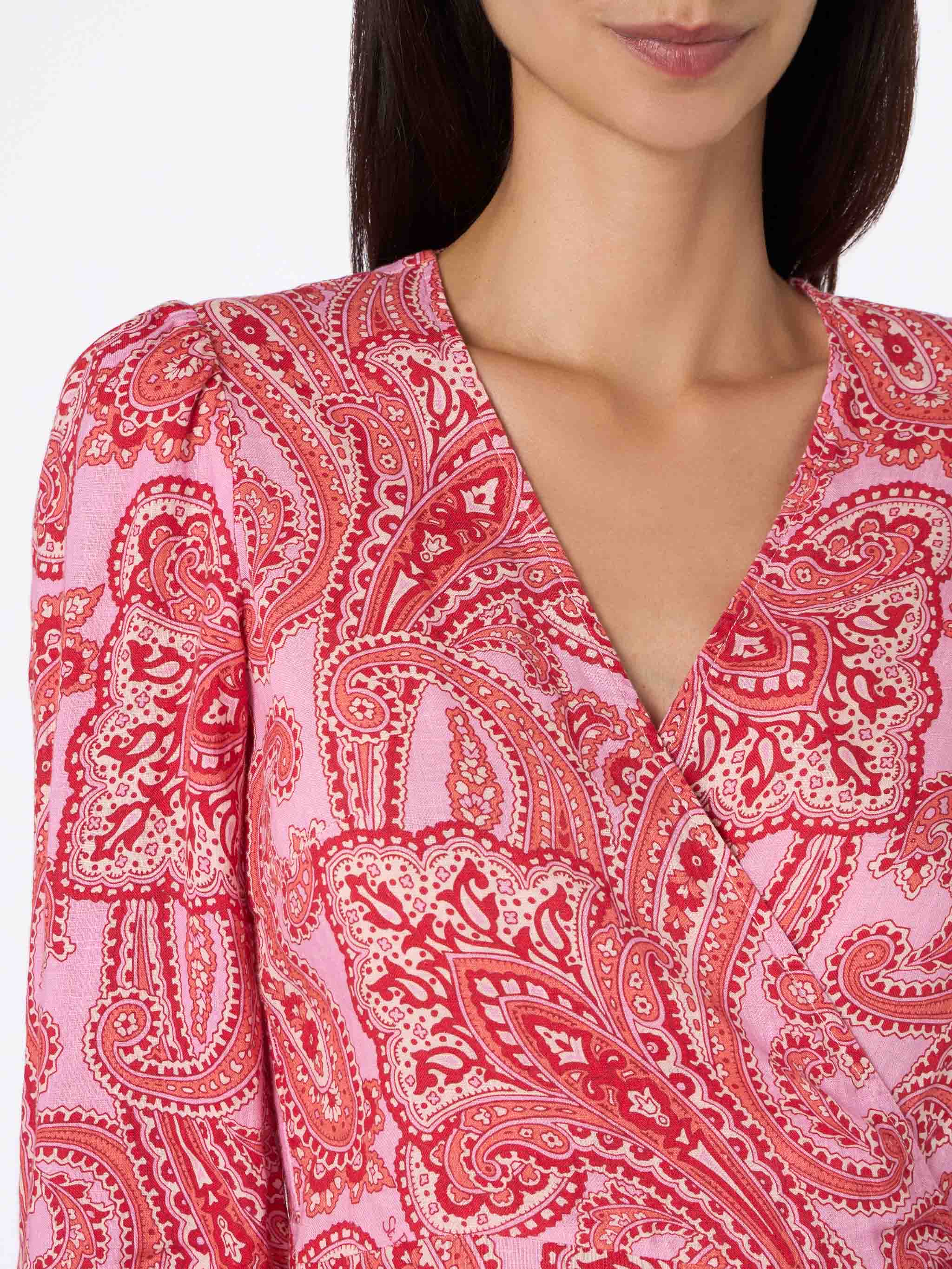 Brilly kurzes Leinen-Wickelkleid mit Paisley-Muster