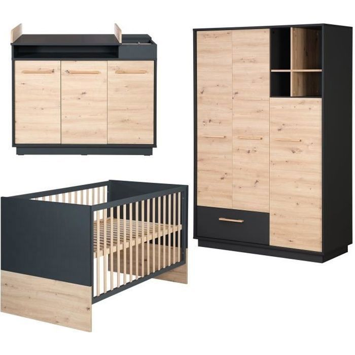 Conjunto completo de habitación infantil Lenn: cuna convertible de 70x140 cm + cambiador + armario de 3 puertas - ROBA
