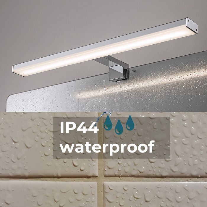 Aplique de pared LED de 12 W y 50 cm con protección IP44 para baño, espejo y muebles, diseño delgado, en aluminio cromado con luz blanca neutra.