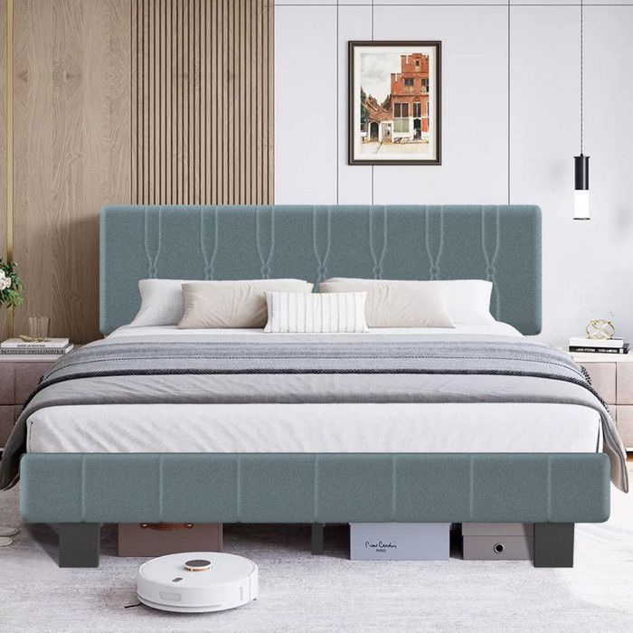 Lit Double Rembourré 140x200cm avec Sommier à Lattes, Cadre de Lits Moderne pour Adultes 2 Personnes,Tête de Lit Réglable en