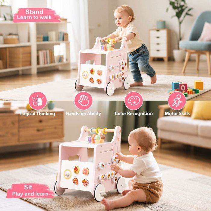 LIFEZEAL Trotteur Bebe Evolutif en Bois 1+ Ans, Chariot de Marche Bébé avec Roues et Accessoires Adorables, Compartiment, Rose