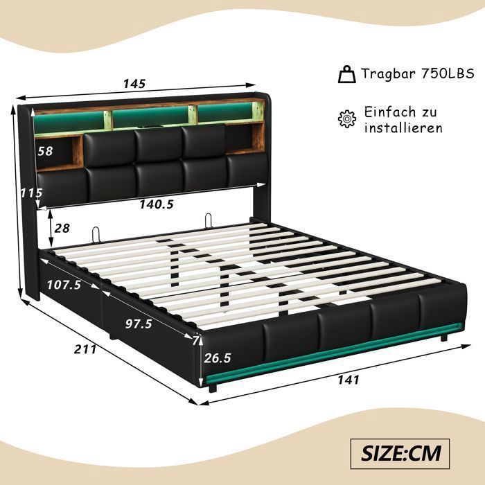 LED-bed met opbergruimte 140x200 cm met lattenbodem - 2 stopcontacten en 2 USB-poorten - PU-leer - Gestoffeerd bed - Hoofdbord met opbergruimte - Bed voor volwassenen/tieners - Zwart