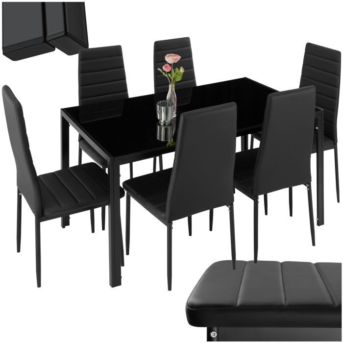 Mesa de comedor con sillas - TECTAKE - BRANDENBURG. Conjunto de comedor con 6 asientos tapizados en piel sintética - Negro/Negro