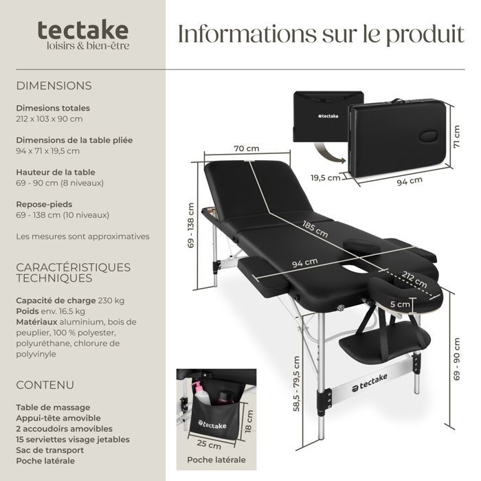 Camilla de masaje - TECTAKE - Camilla de tratamiento plegable con 3 secciones regulables en altura, 212 x 103 x 90 cm - Negra