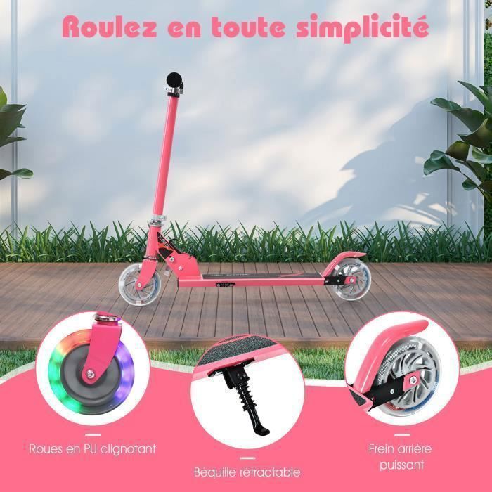 Patinete plegable COSTWAY para niños de 4 a 13 años - 2 ruedas de PU con luces LED intermitentes - 3 alturas ajustables - Capacidad de carga de 70 kg - Aluminio - Rosa
