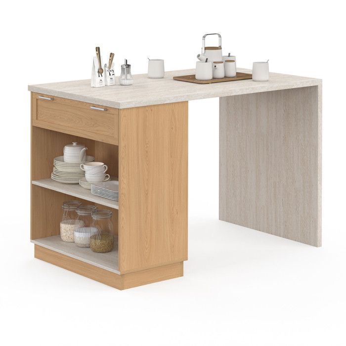 IDMARKET VITO 130cm Central Island High Table for 4 People, Wood and Travertine Effect Top
