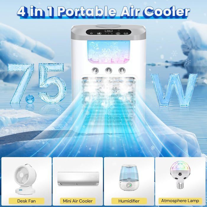 Aire acondicionado portátil multifuncional con batería recargable, 3 velocidades, 3 modos de vaporización y funcionamiento silencioso.