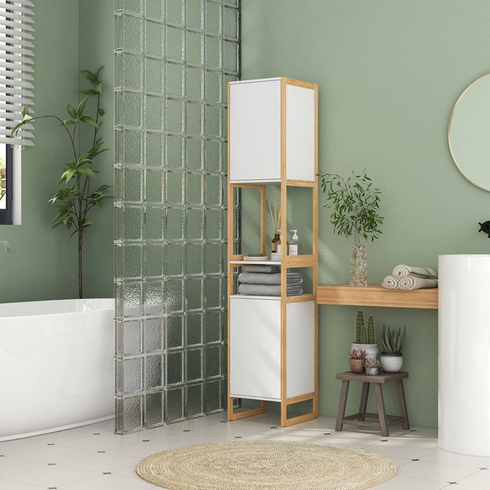 Mueble columna de baño HOMCOM con 2 nichos y 2 armarios, estante de bambú ajustable, 33 cm de ancho x 33 cm de profundidad x 170 cm de alto, blanco.