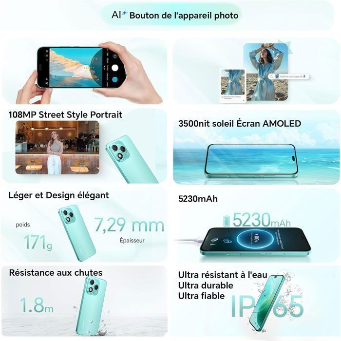 Smartphone 5G - HONOR 400 Lite - 8Go RAM - 256Go - Vert - Bouton de caméra IA - Portrait urbain 108 MP - 5230mAh - EU version