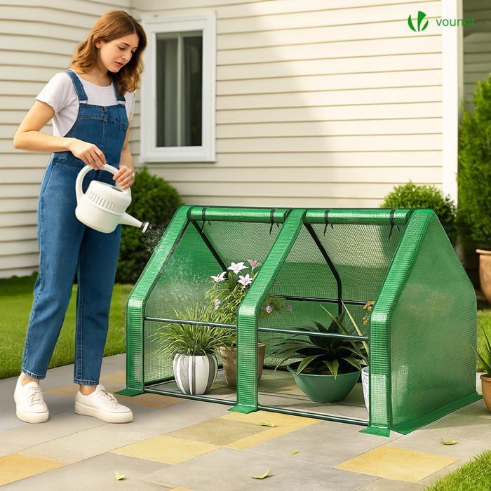 Mini invernadero de jardín VOUNOT® de 180x90x90 cm, color verde, con 2 puertas enrollables con cremallera y cubierta de PE reforzada de 135 g/m².