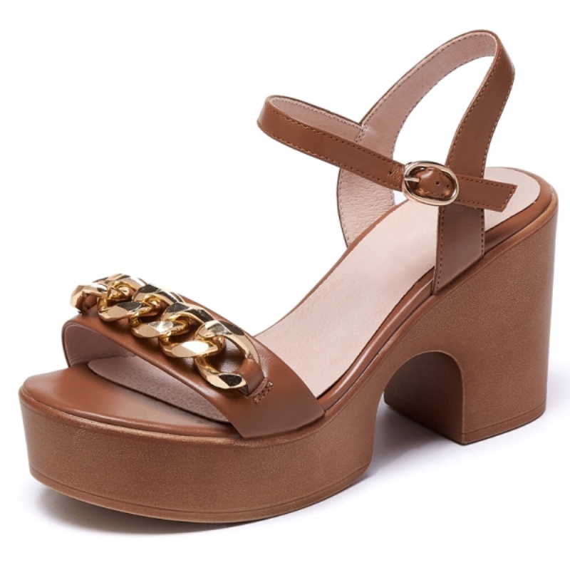 Sandali con tacco alto e plateau in vera pelle Fashion Chain da donna, scarpe casual estive Sandales Femmes 2021 Sandalias Mujer