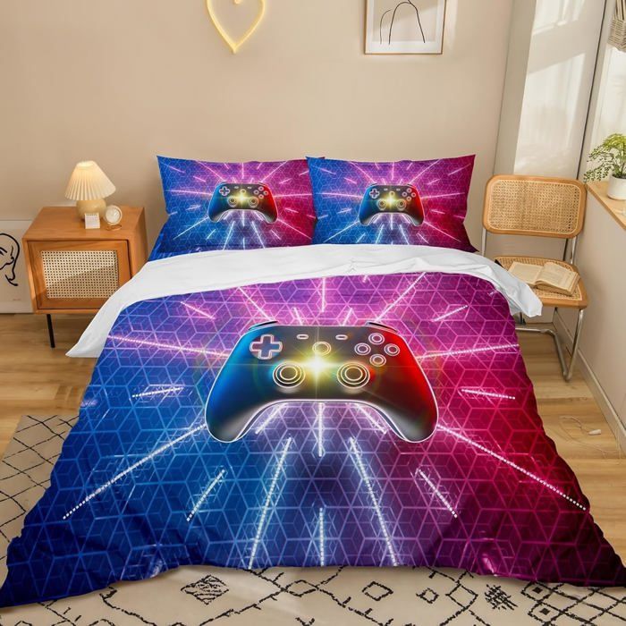 Funda nórdica con diseño de mando de videojuegos de 220x240 cm para niños, adolescentes y jóvenes - Juego de ropa de cama de microfibra con 2 fundas de almohada de 65x65 cm.