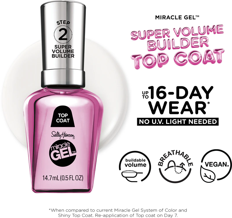 Esmalte híbrido Sally Hansen Miracle Gel™ sem a necessidade de lâmpada UV/LED.