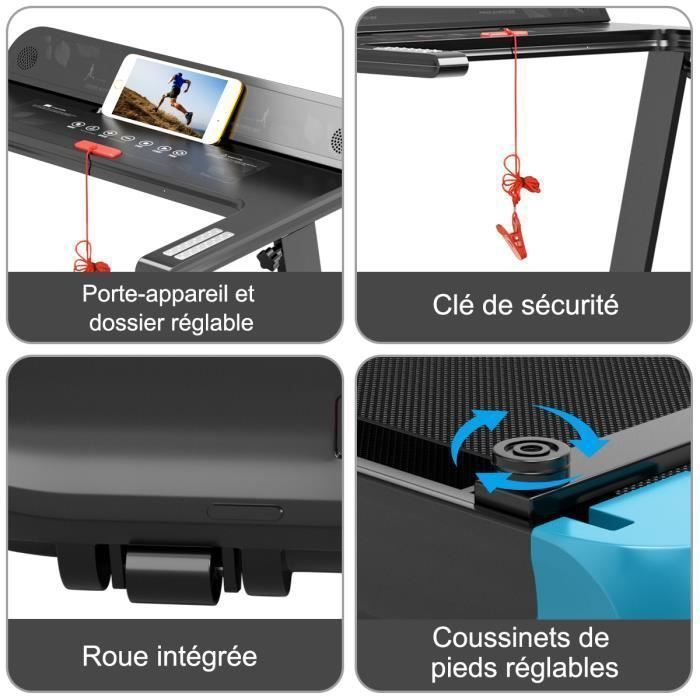 Cinta de correr plegable COSTWAY con control por aplicación, 0,96-12 km/h, Bluetooth, 12 programas, pantalla LED y soporte para dispositivos, azul marino.
