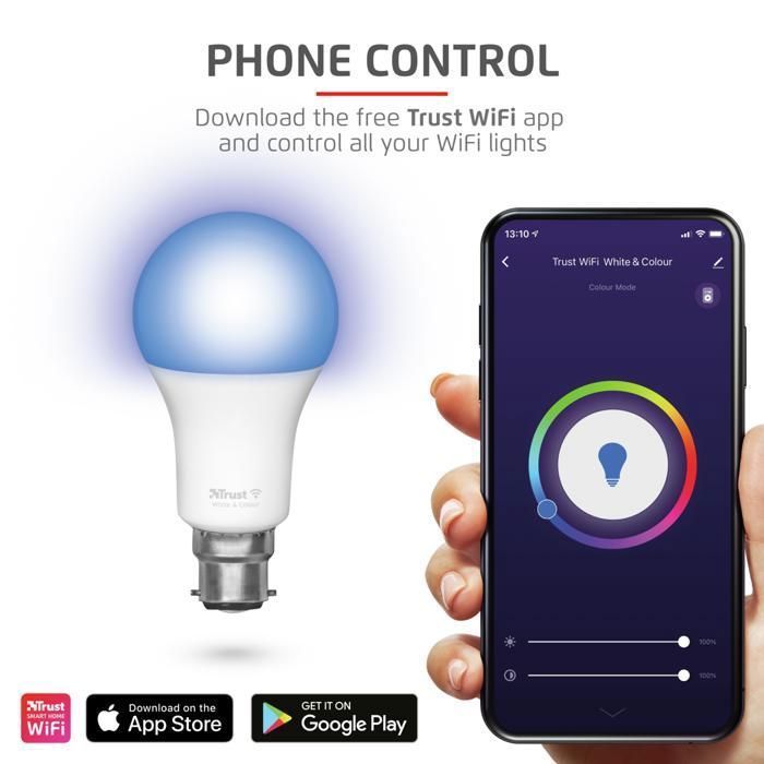Bombilla LED TRUST con conexión WiFi B22 - Bombilla LED inteligente - Colores blanco y RGB - Ambiente personalizable - Asistente de voz