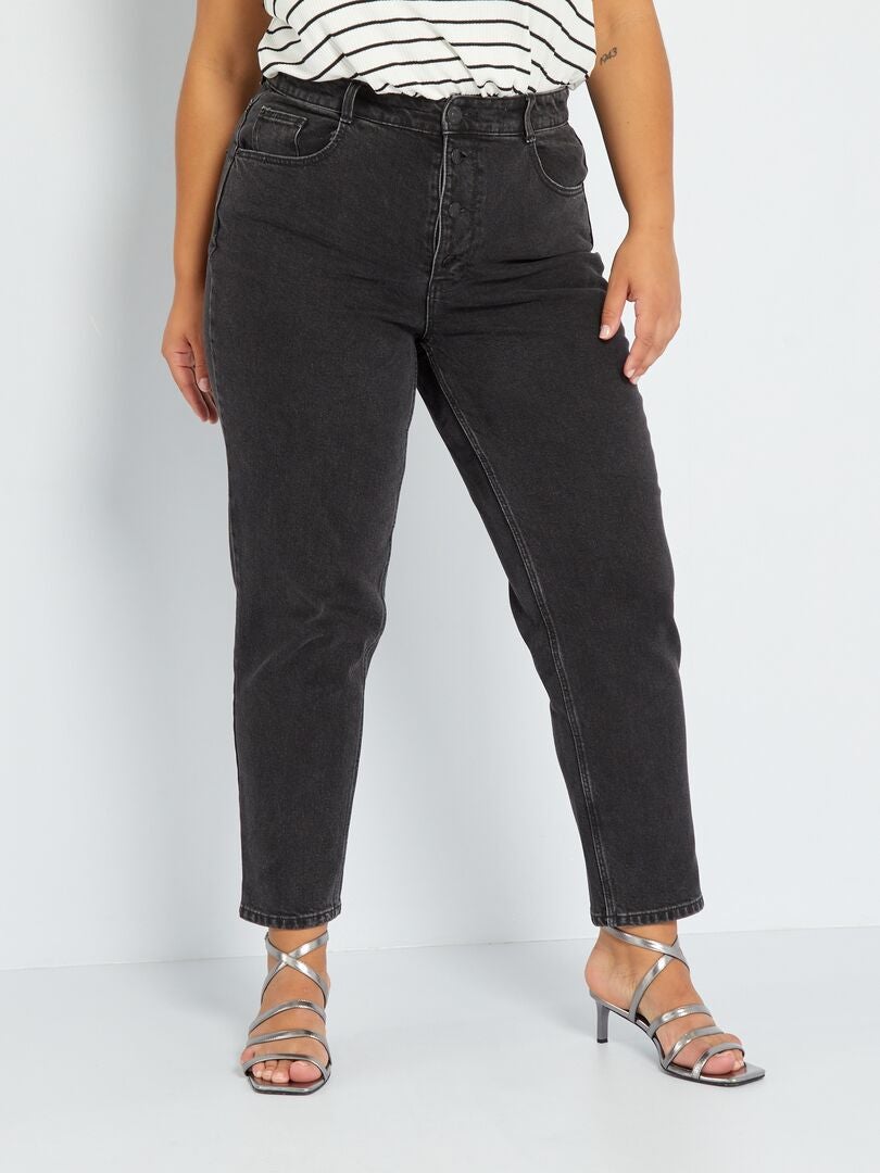 Jeans de talle alto estilo mom fit, talla 34L - 5 bolsillos - NEGRO