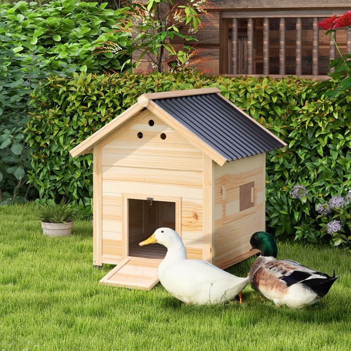 Poulailler pour canards - PawHut - toit ouvrant, double porte et trous de ventilation - bois - 78x90x92cm - effet bois naturel