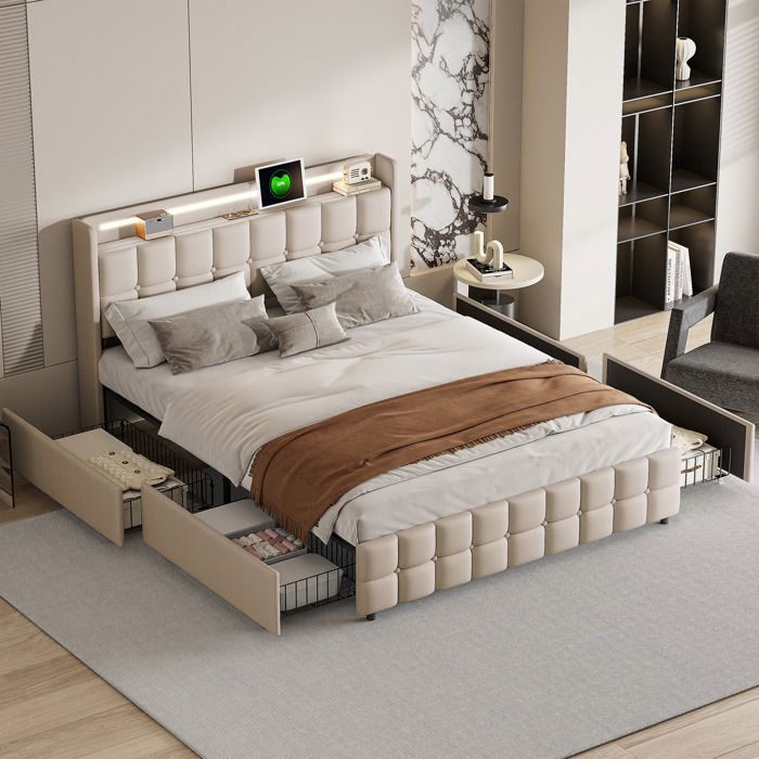 Cama de casal LUMINARIX 180x200 cm - Bege - LED e USB - 4 gavetas - Design contemporâneo