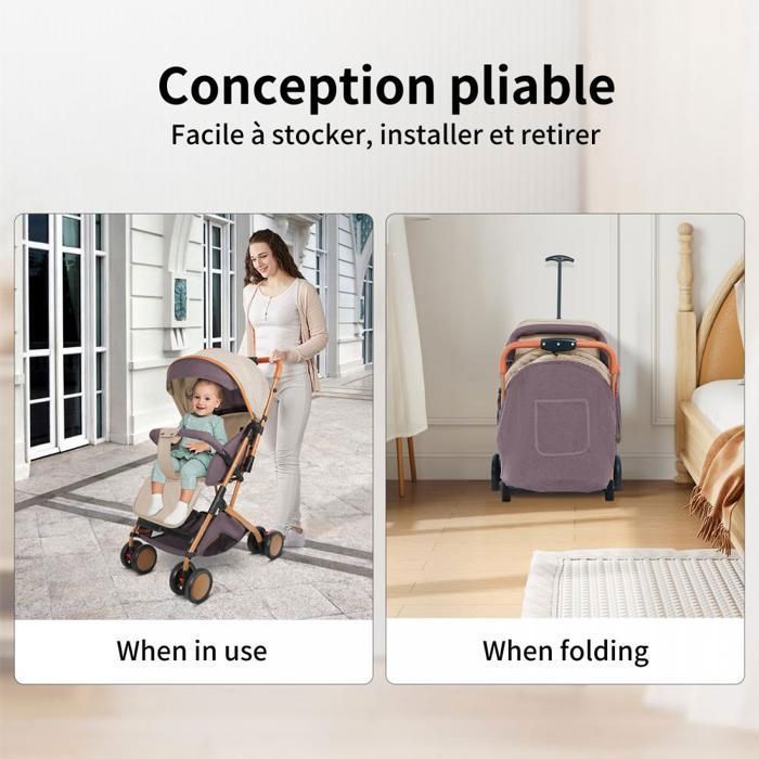 Compact Baby Stroller - MENGDA - Reclining Backrest, With Basket, Mosquito Net, 5-Point Harness - Up to 50KG - Khaki