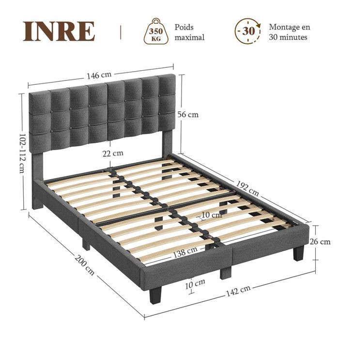 Cama HavenlyHome 140x190 cm, Cama Estofada, Cabeceira de Linho, Cama de Casal com Estrado de Ripas, Cama para 2 Adultos, Cinza