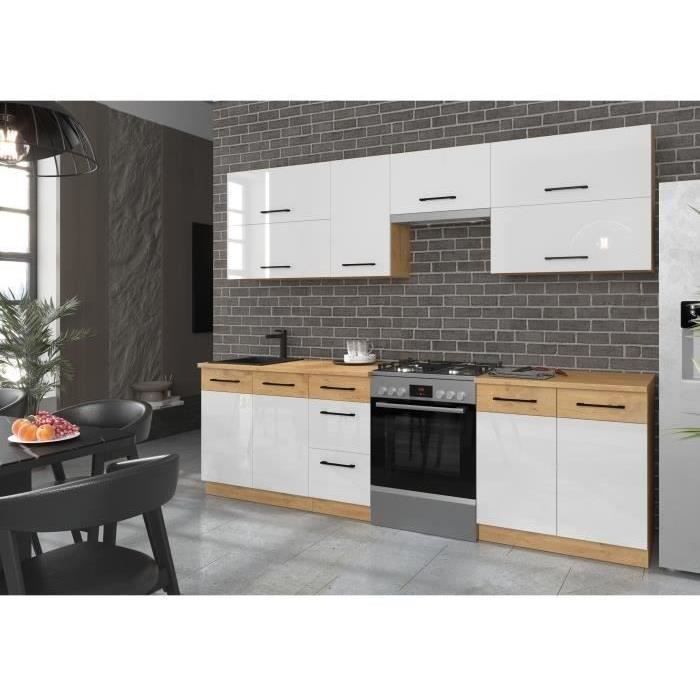 ROCK - Cocina completa - Roble Lancelot y melamina blanca brillante - 260 cm - Encimera no incluida