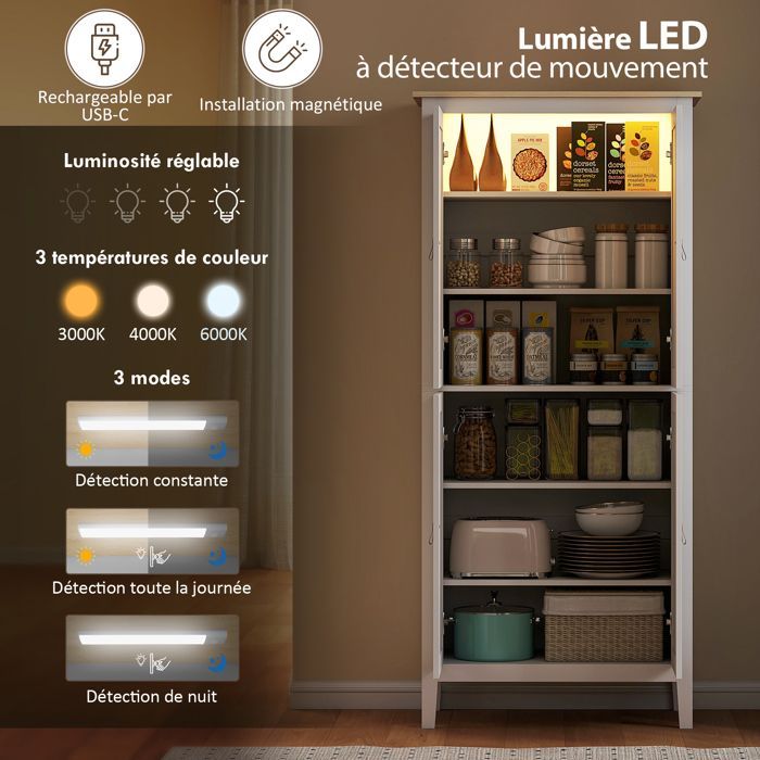 Buffet cuisine - HOMCOM - LED réglable et détecteur de mouvement - étagères réglables - MDF - 80 x 40 x 176,5 cm - blanc