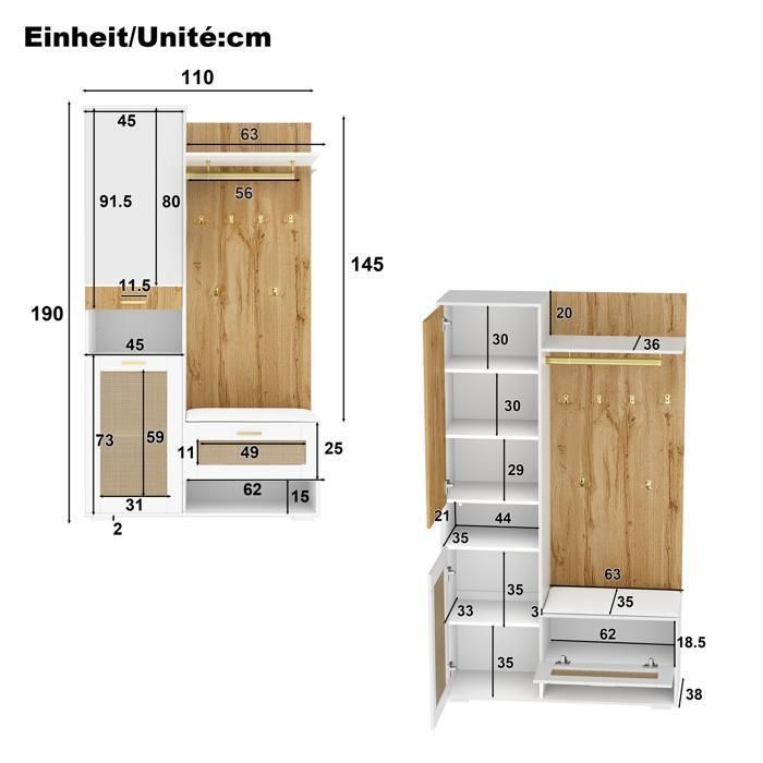 Móvel para hall de entrada com iluminação LED - TKOPY - Cabideiro para hall de entrada com espelho e espaço para armazenamento - Conjunto de cabideiro 110x38x190cm - Branco