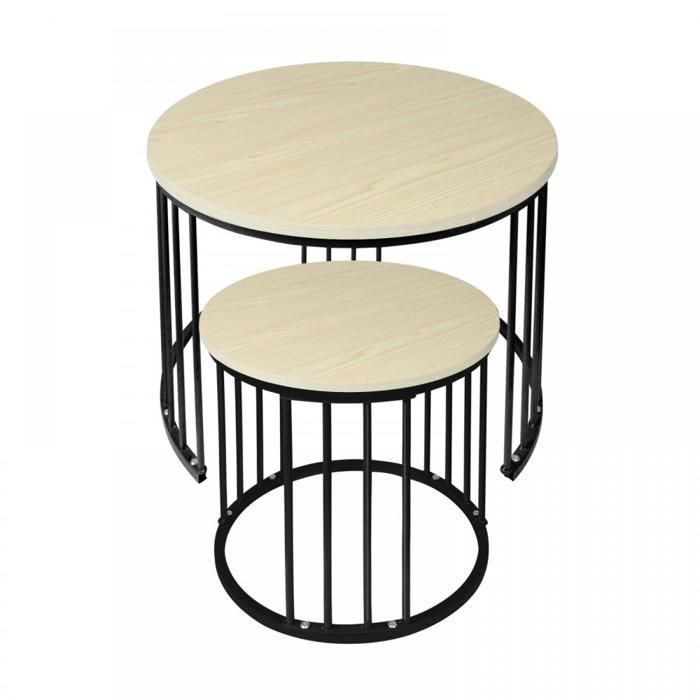 KEDIA Set van 2 salontafels, wit esdoornhout + zwarte poten, 60*60*45 cm en 40*40*38 cm, slijtvast en gemakkelijk schoon te maken