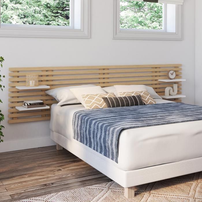 IDMARKET Tête de lit suspendue en lattes AVA 240 cm bois clair et étagères blanches
