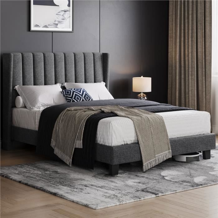 Cama doble tapizada Yaheetech de 140x200 cm con somier de láminas para 2 adultos, gris oscuro.