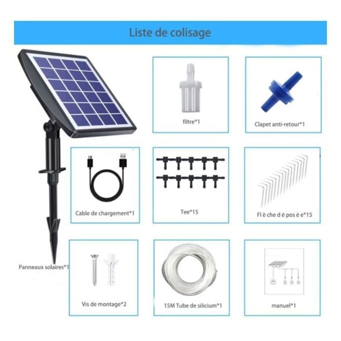 Kit d'arrosage goutte à goutte solaire 15 m avec minuterie - 15 goutteurs, batterie 2000mAh