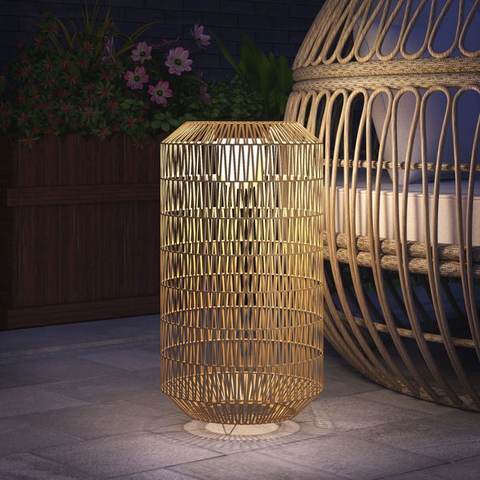 Lampada da terra solare per esterni Outsunny in resina intrecciata - ricaricabile - con sensore di luce - stile boho - 55 cm - gialla